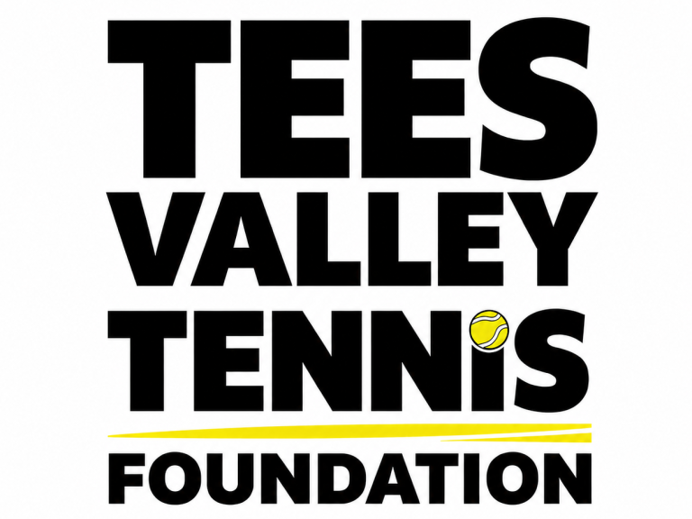 Black and yellow Tees Valley Tennis Foundation logo with a tennis ball incorporated into the lettering